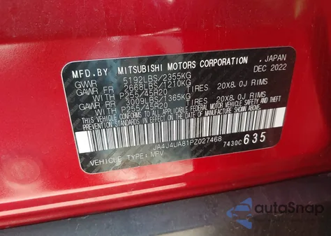 2023 Mitsubishi Outlander Ralliart S-Awc/Se 2.5 S-Awc/Se Black Edition S-Awc/Se Special Editiont S-Awc z USA, uszkodzony, nr VIN JA4J4UA81PZ027468